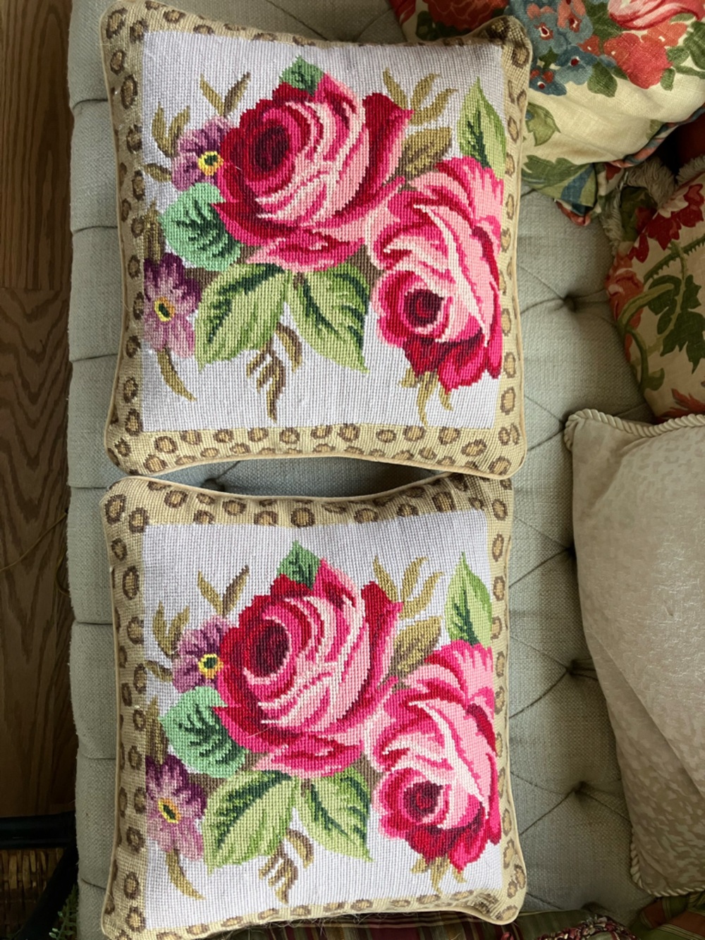 Vintage Pair Floral Needlepoint Rose Pillow - Pink & Green